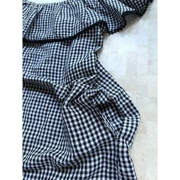 Tommy Bahama Gingham Linen Pompom Off The Shoulder Dress Pockets Vacation Sz L - Picture 8 of 9